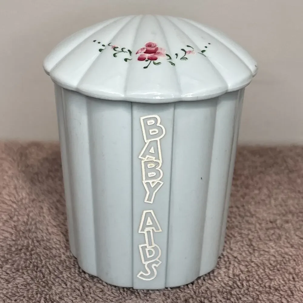 VTG 1950’s Baby Nursery Decor Blue Plastic Container Swabs Cotton Lotion Aids